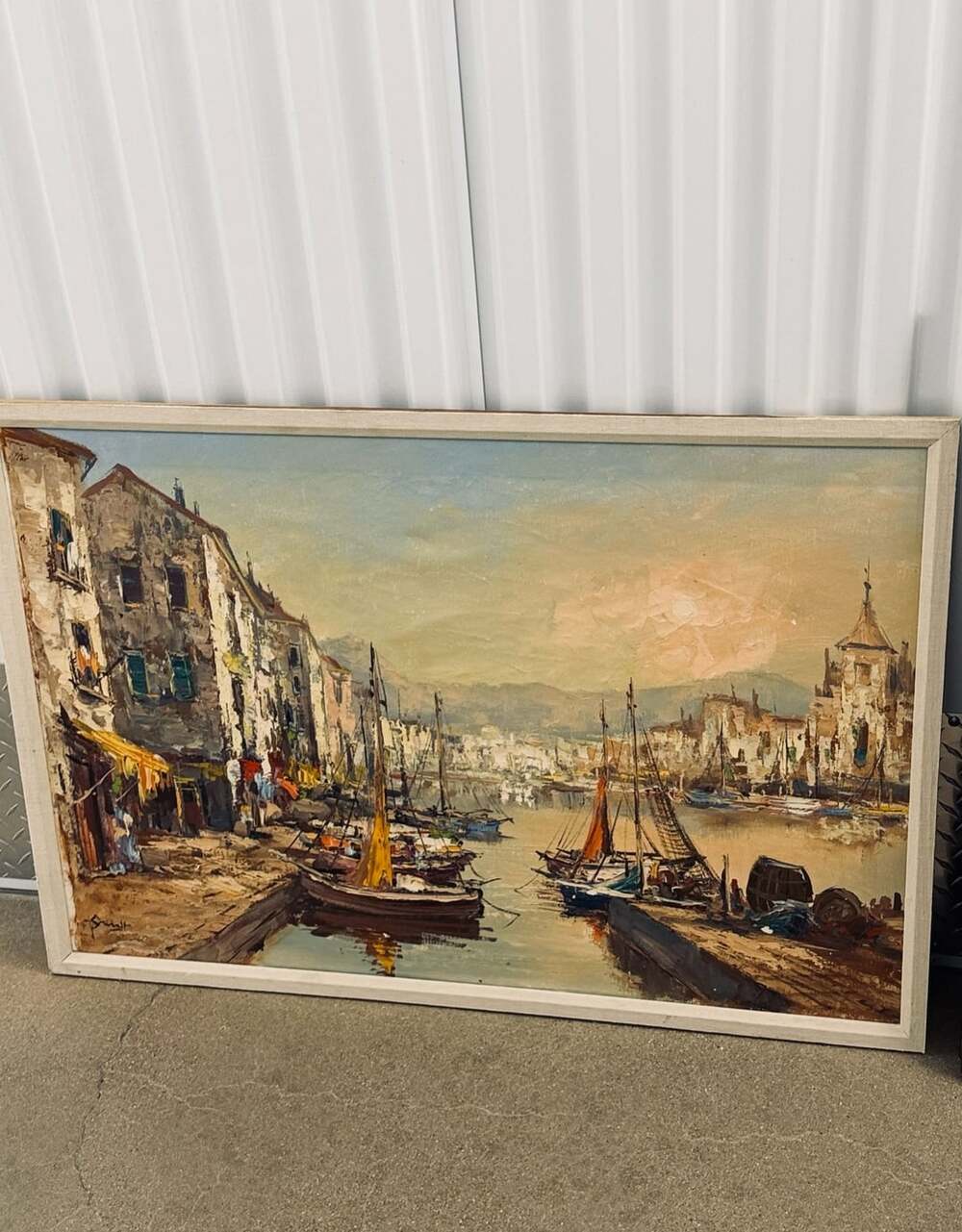 Vintage Impasto Oil Painting Harbor Scene with Boats and Coastal Town Signed
